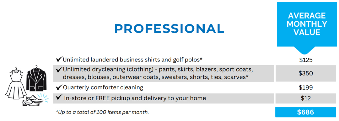 An infographic details the "Professional" service package for $427/month, including unlimited laundered shirts, dry cleaning, shoe shines, car floor mat cleaning, and pick-up and delivery options.